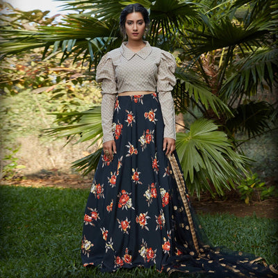 Marvellous Black - Dusty Grey Colored Wedding Partywear Printed Silk Crepe Lehenga Choli