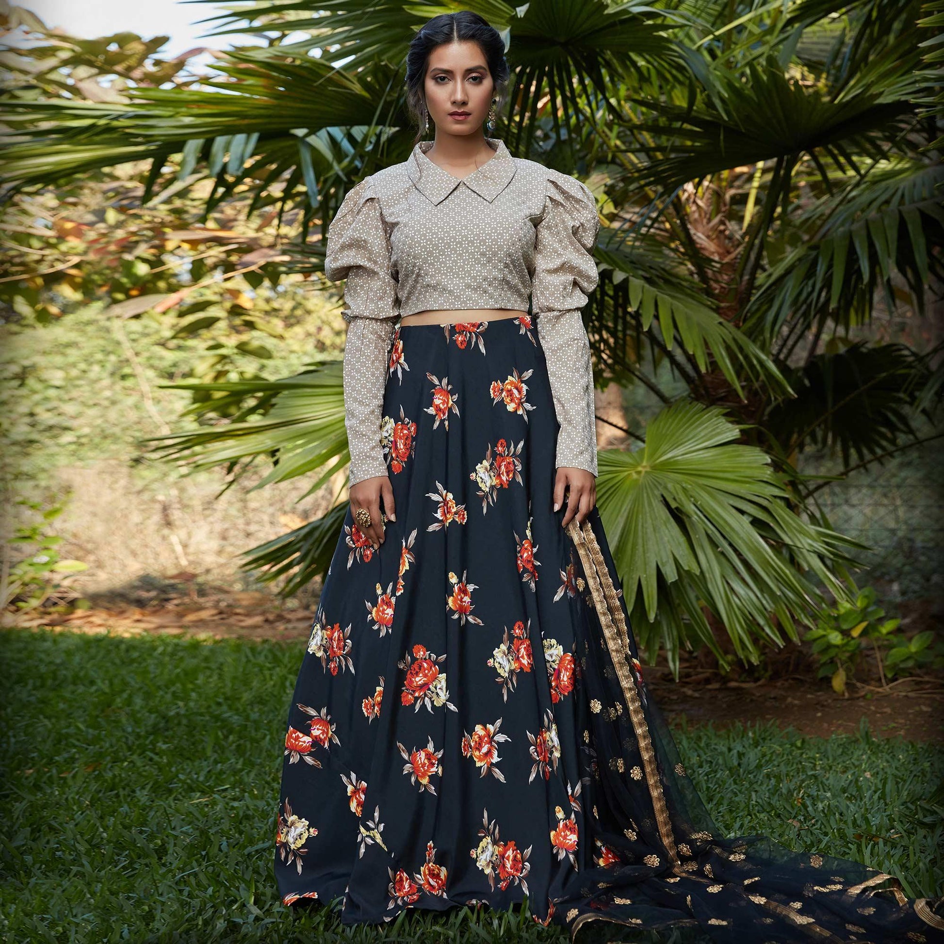 Marvellous Black - Dusty Grey Colored Wedding Partywear Printed Silk Crepe Lehenga Choli