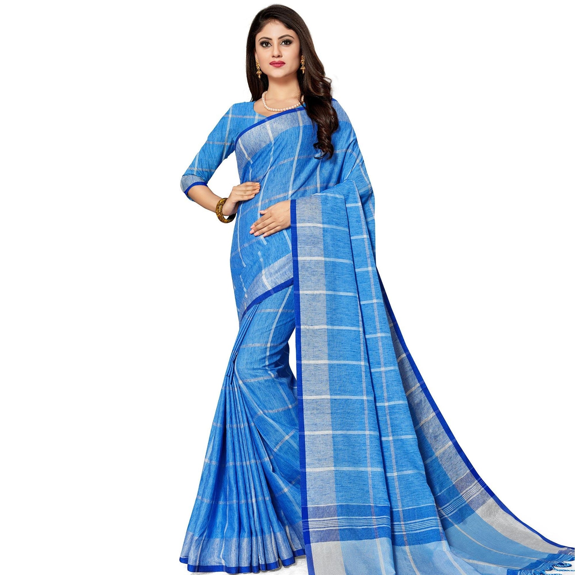 Marvellous Blue Colored Fesive Wear Stripe Print Cotton Silk Saree With Tassels