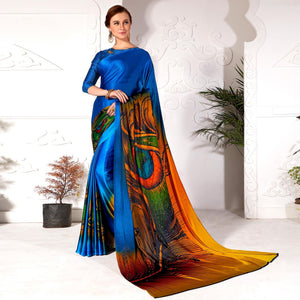 Marvellous Blue Colored Partywear Peacock Feather Printed Satin Saree