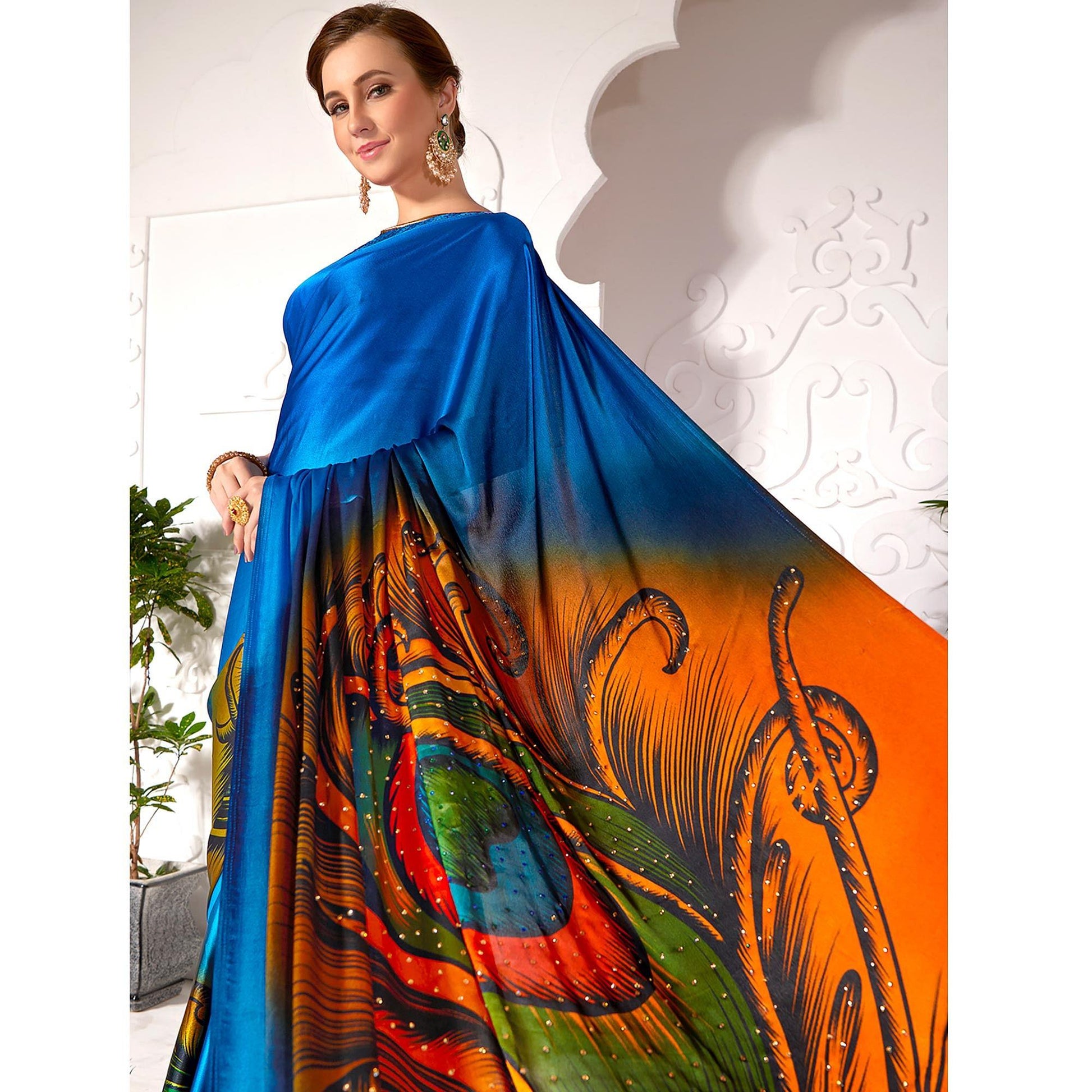 Marvellous Blue Colored Partywear Peacock Feather Printed Satin Saree