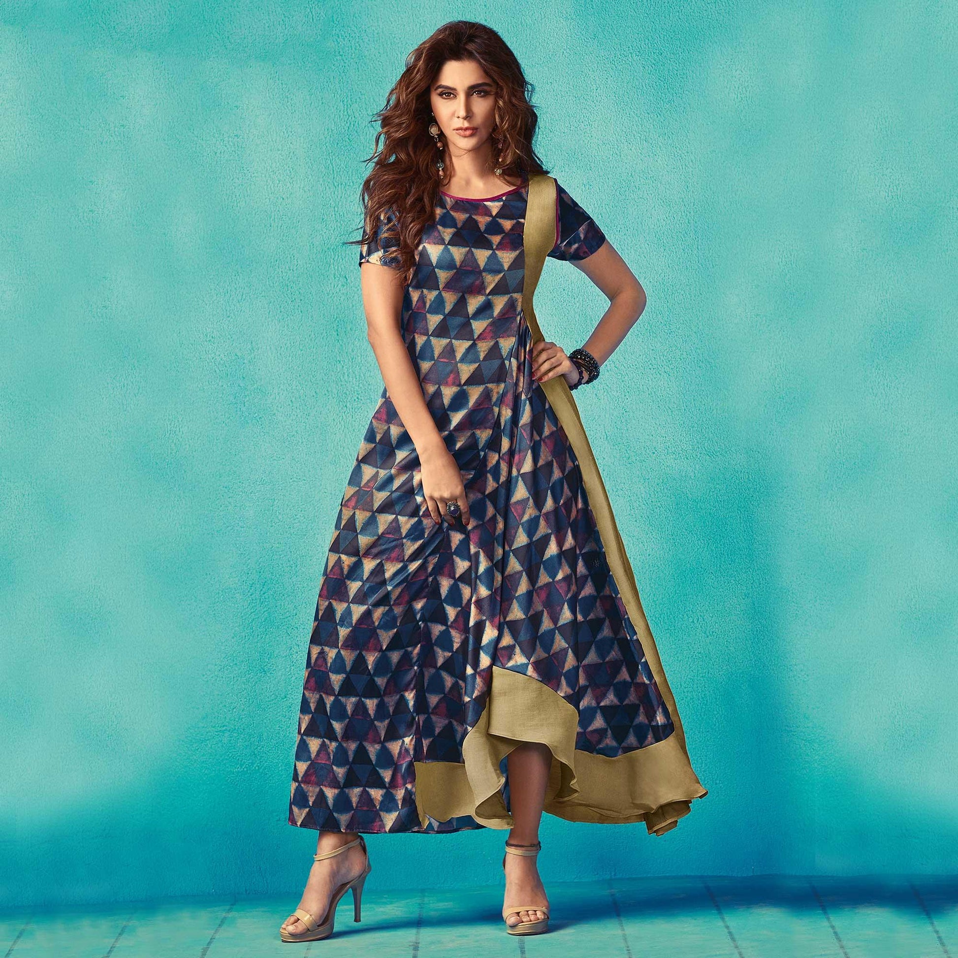 Marvellous Blue Colored Partywear Printed Satin Kurti