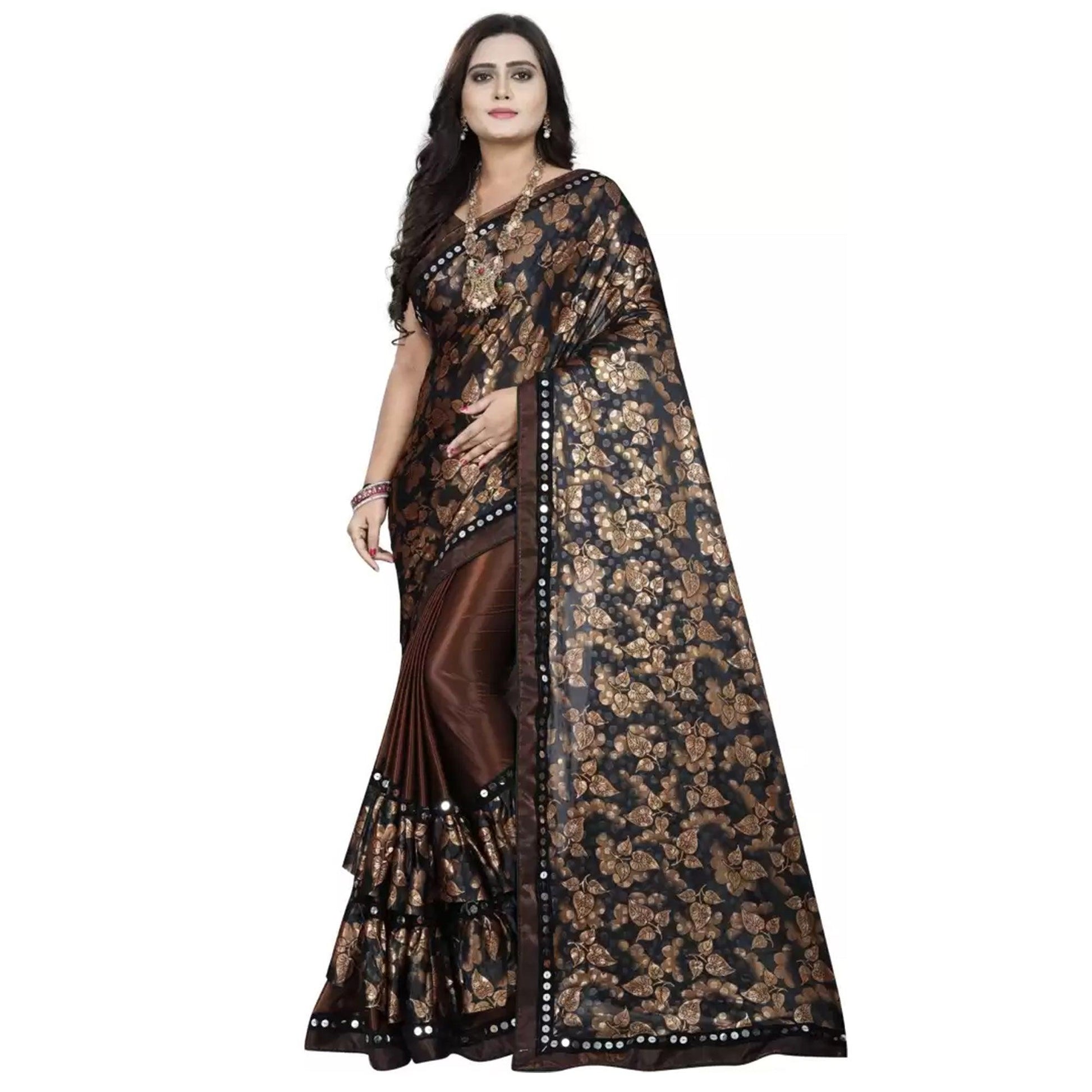 Marvellous Brown-Black Colored Casual Wear Floral Ruffle Art Silk Saree