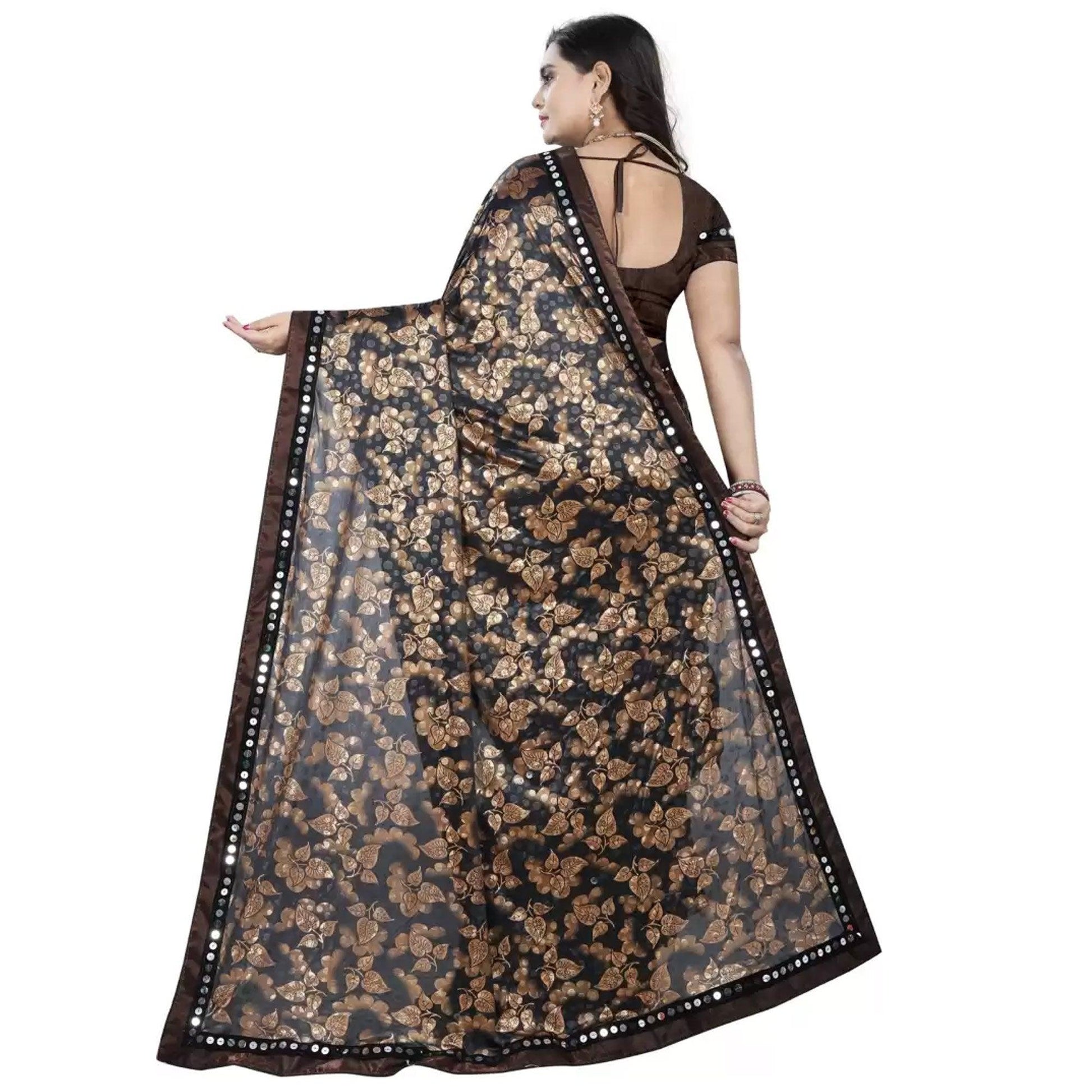 Marvellous Brown-Black Colored Casual Wear Floral Ruffle Art Silk Saree