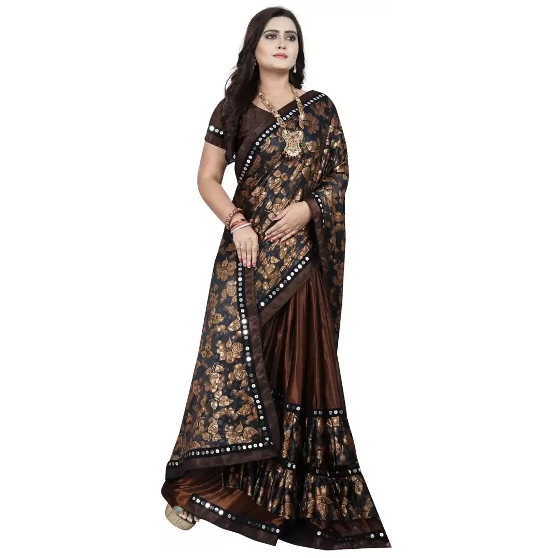 Marvellous Brown-Black Colored Casual Wear Floral Ruffle Art Silk Saree