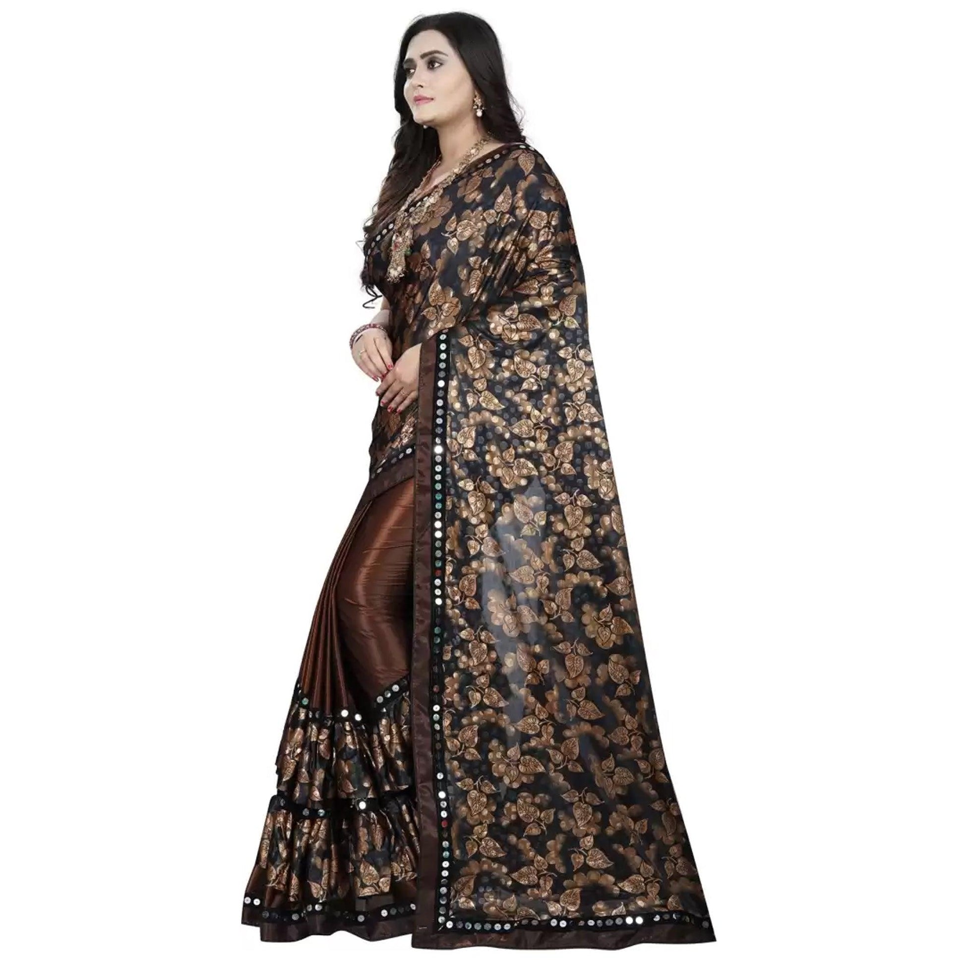 Marvellous Brown-Black Colored Casual Wear Floral Ruffle Art Silk Saree