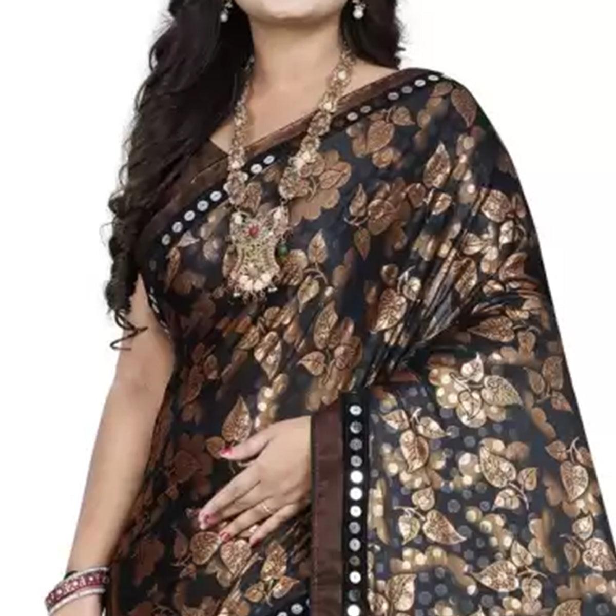 Marvellous Brown-Black Colored Casual Wear Floral Ruffle Art Silk Saree