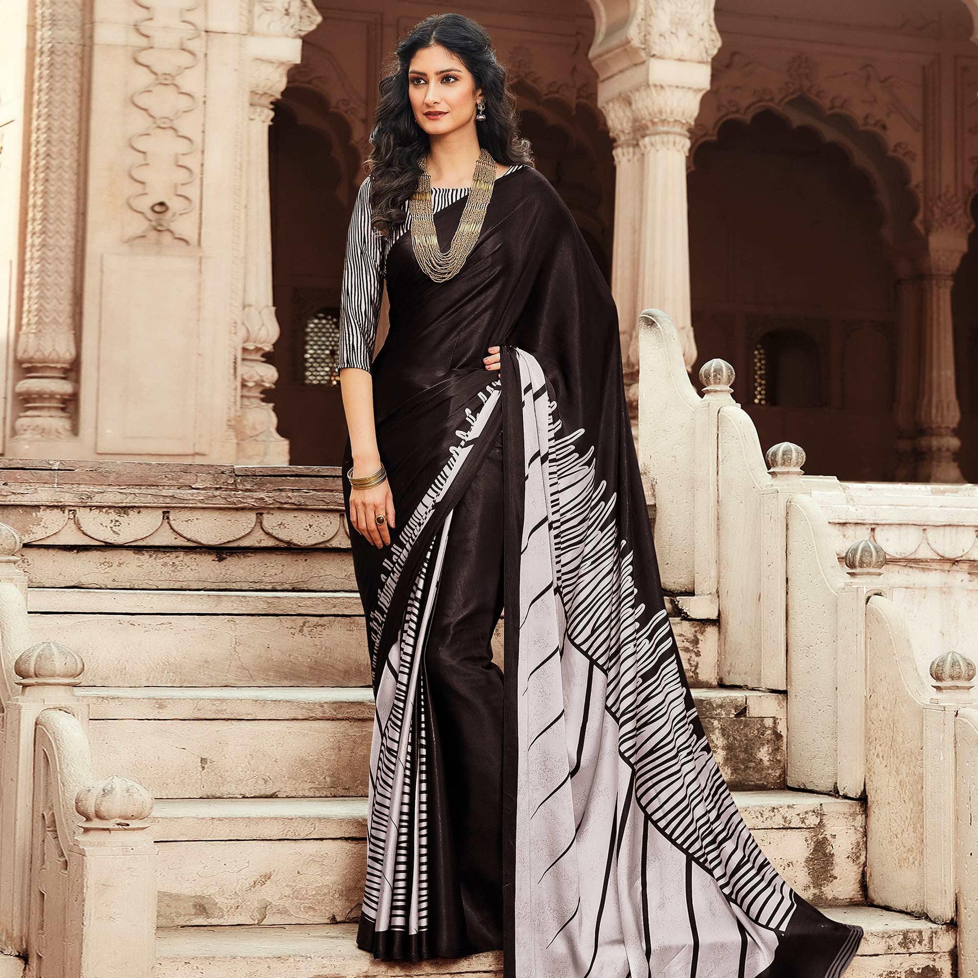 Marvellous Dark Brown Colored Partywear Printed Japan Silk Saree