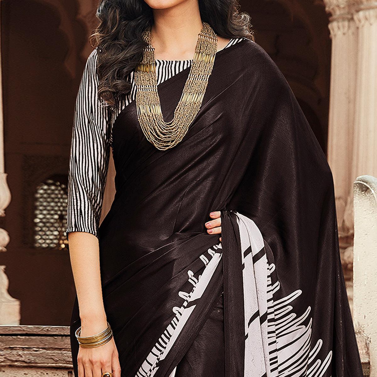Marvellous Dark Brown Colored Partywear Printed Japan Silk Saree