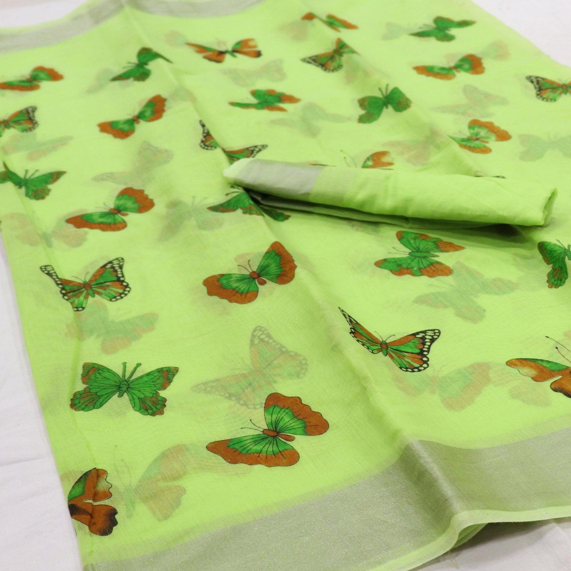 Marvellous Green Colored Casual Wear Butterfly Block Printed Cotton Linen Saree