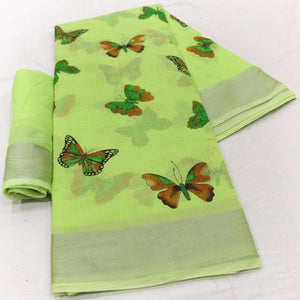 Marvellous Green Colored Casual Wear Butterfly Block Printed Cotton Linen Saree