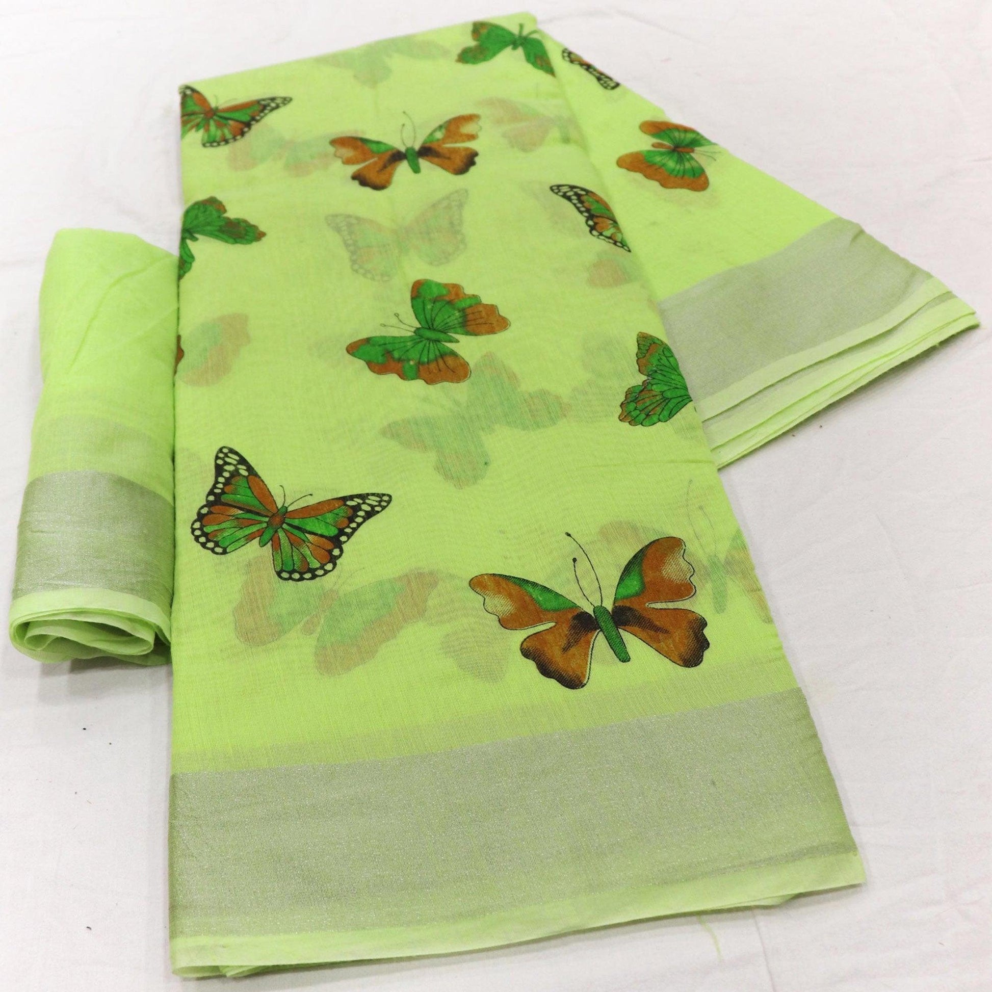 Marvellous Green Colored Casual Wear Butterfly Block Printed Cotton Linen Saree