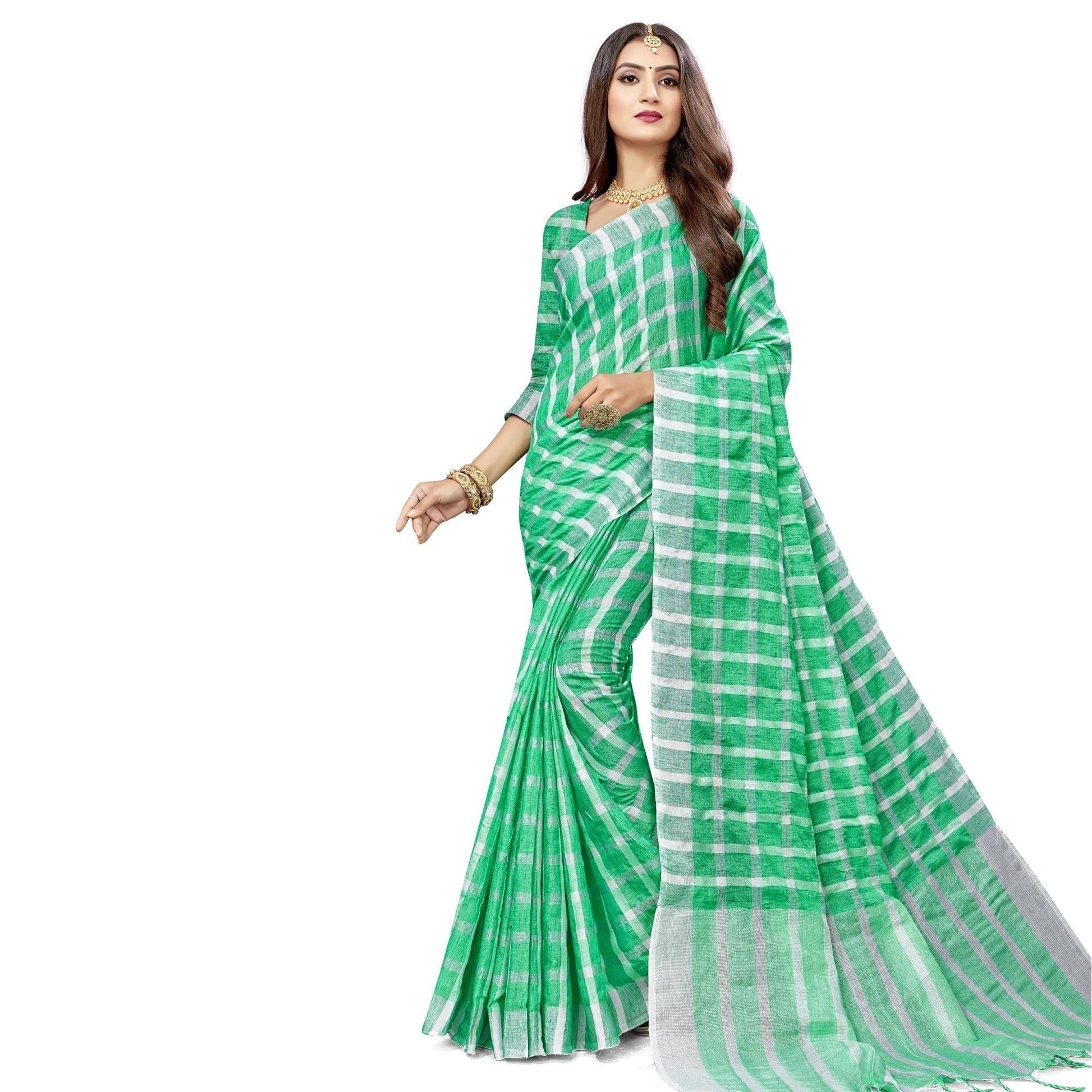 Marvellous Green Colored Fesive Wear Checks Print Cotton Silk Saree With Tassels