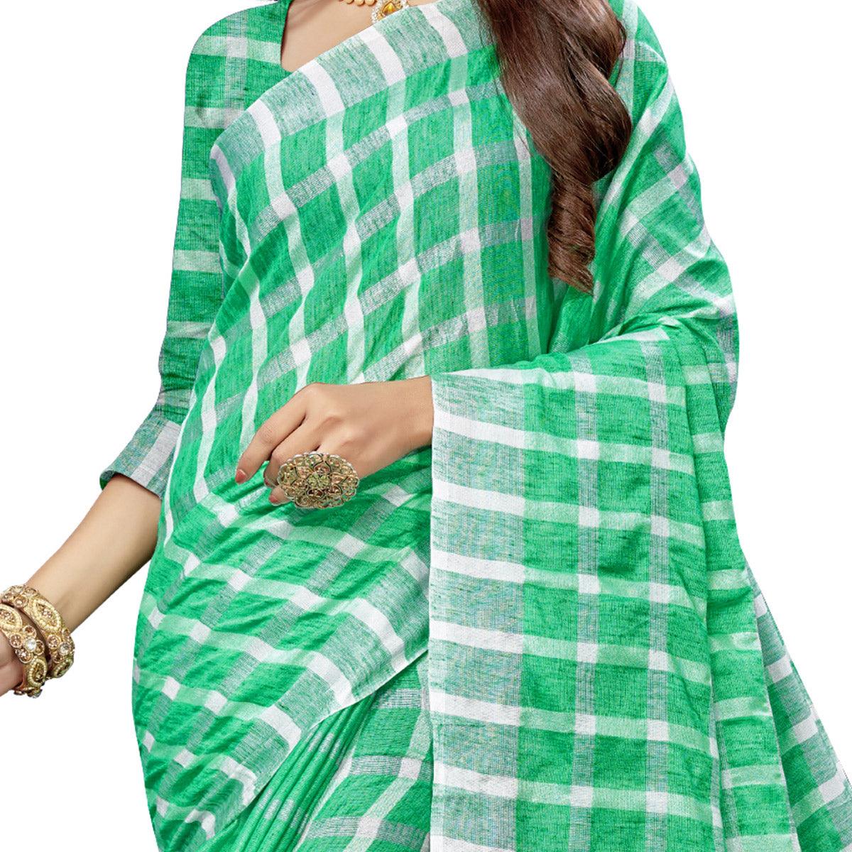 Marvellous Green Colored Fesive Wear Checks Print Cotton Silk Saree With Tassels