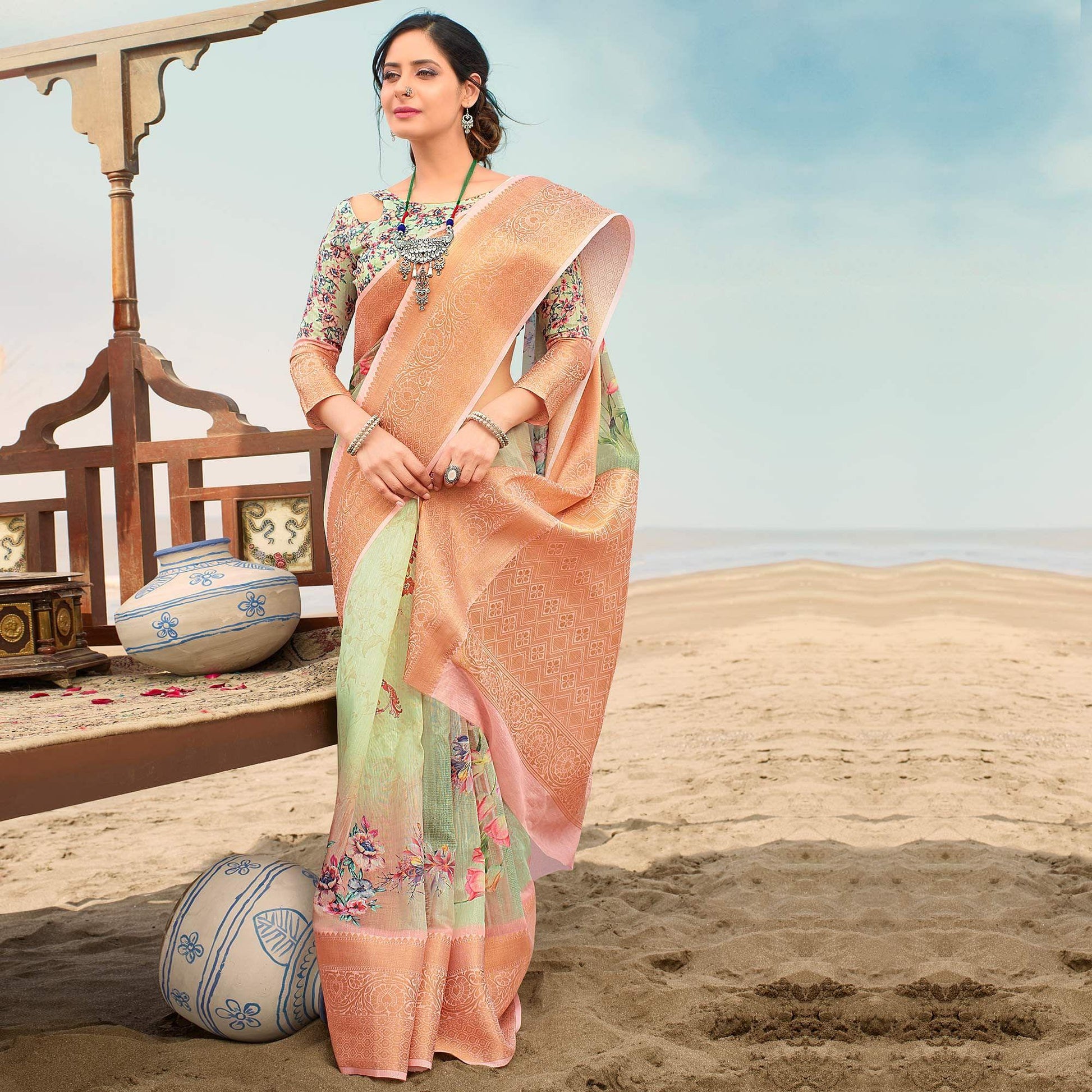 Marvellous Green Colored Festive Wear Digital Floral Printed Linen Saree