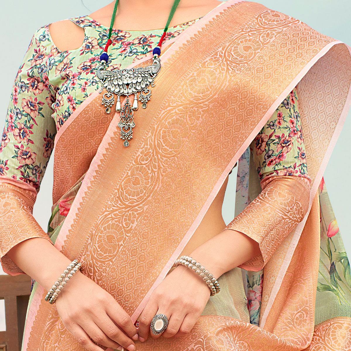 Marvellous Green Colored Festive Wear Digital Floral Printed Linen Saree