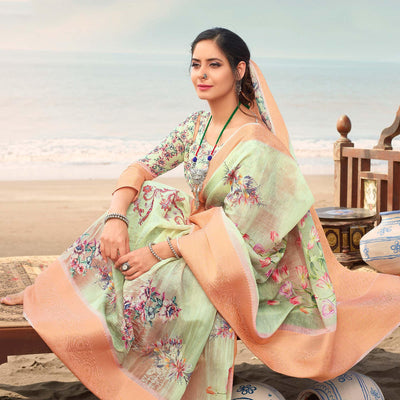 Marvellous Green Colored Festive Wear Digital Floral Printed Linen Saree