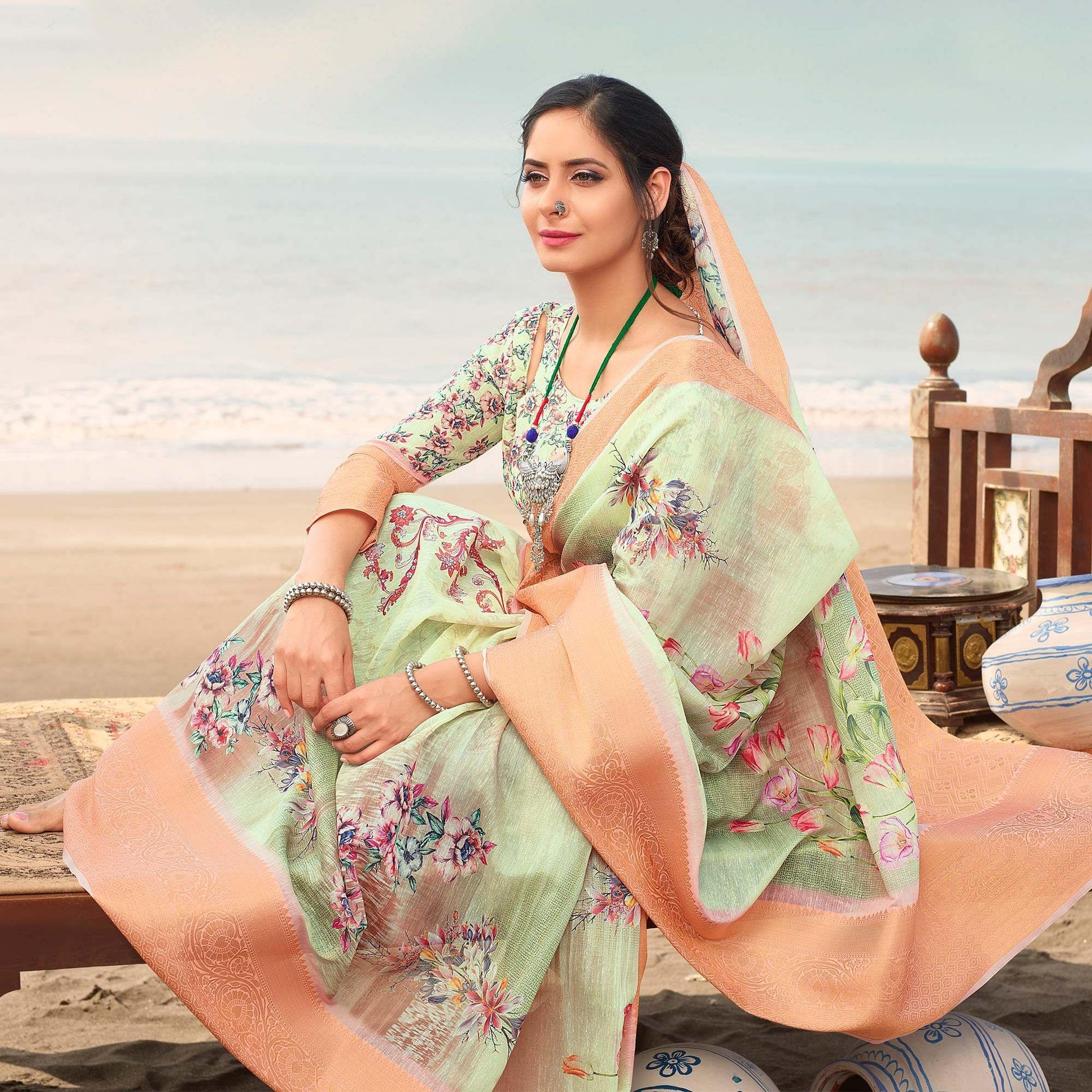Marvellous Green Colored Festive Wear Digital Floral Printed Linen Saree