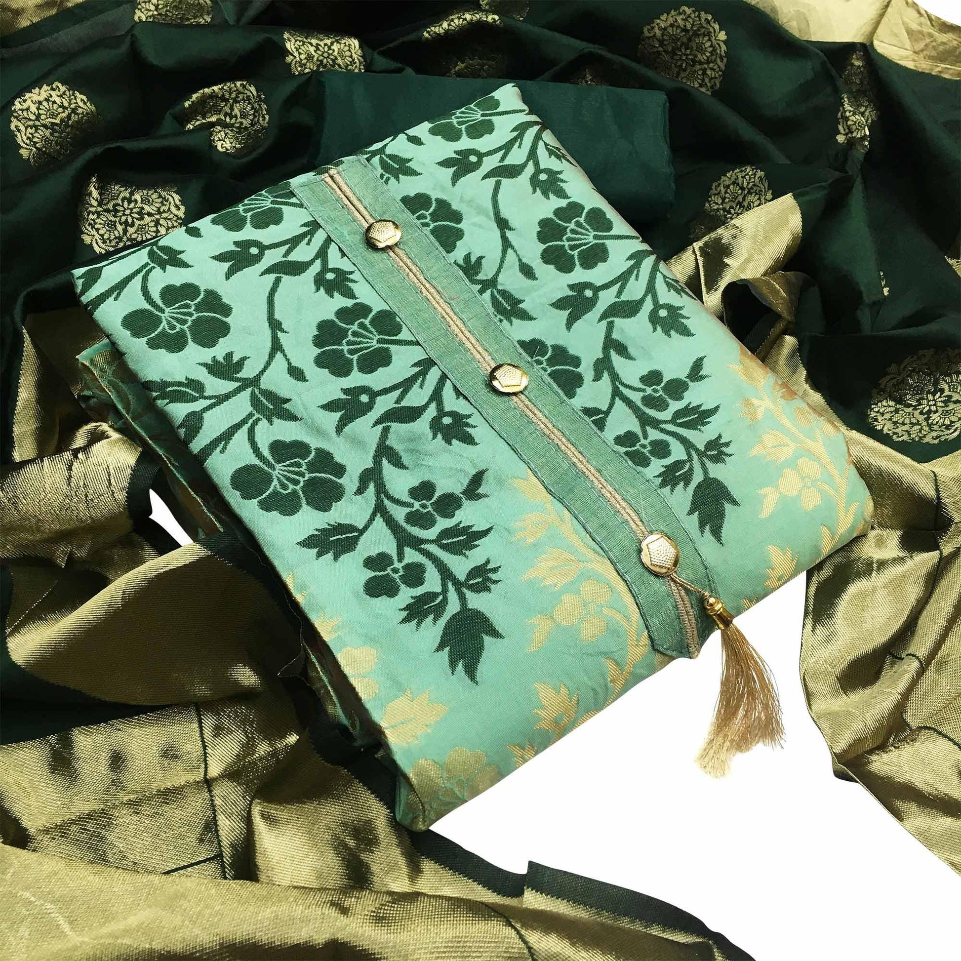 Marvellous Green Colored Festive Wear Woven Heavy Banarasi Silk Dress Material