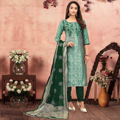 Marvellous Green Colored Festive Wear Woven Heavy Banarasi Silk Dress Material