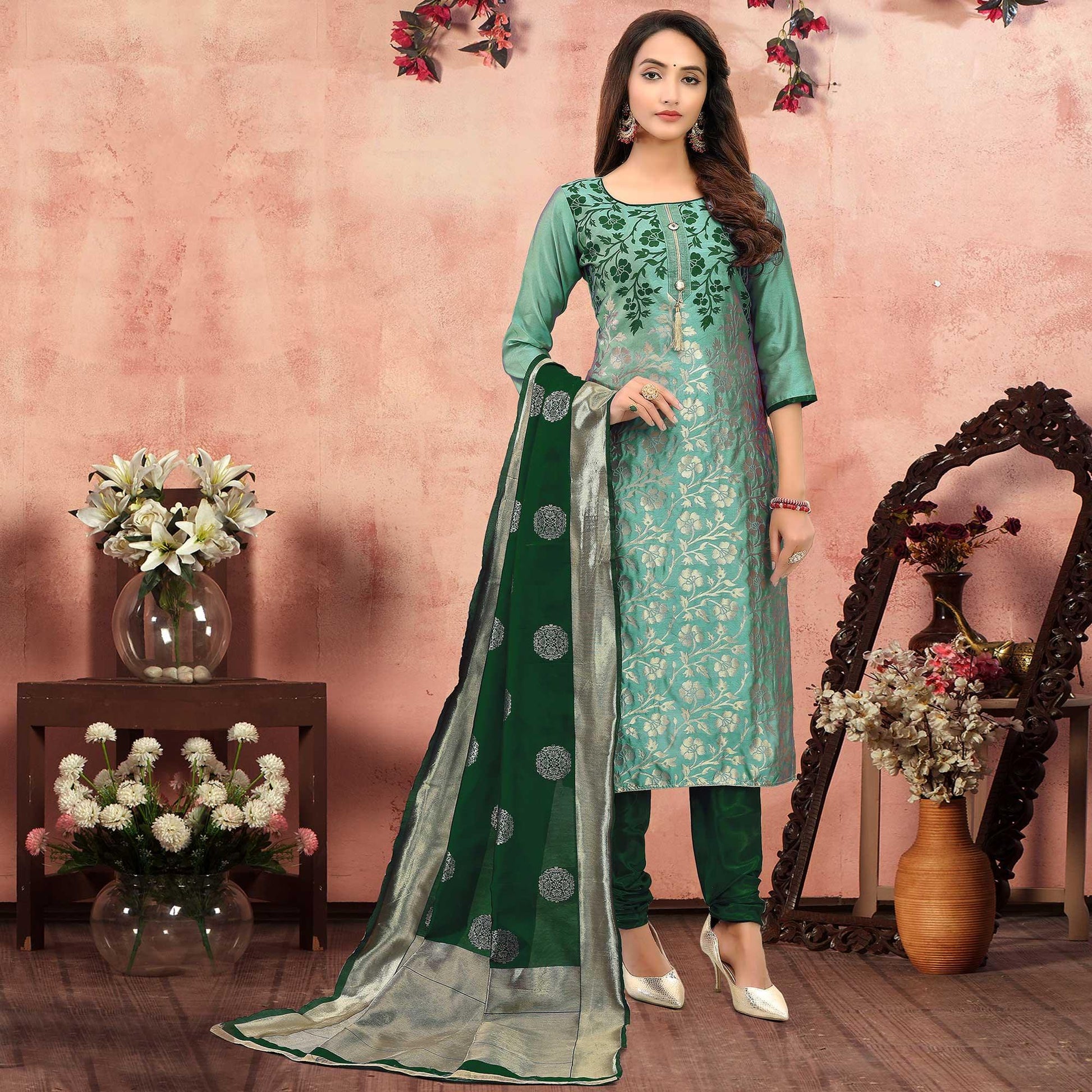 Marvellous Green Colored Festive Wear Woven Heavy Banarasi Silk Dress Material