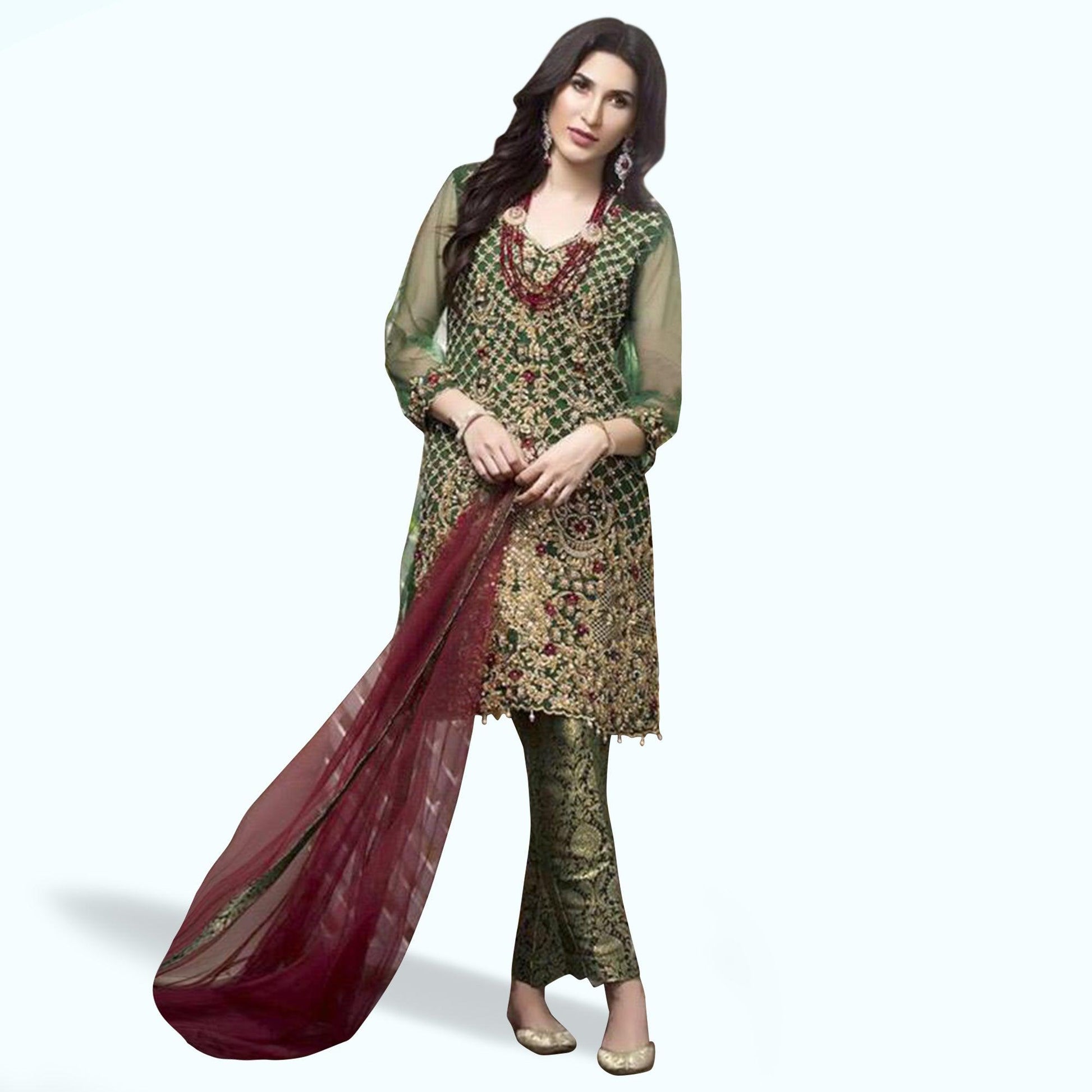 Marvellous Green Colored Partywear Embroidered Netted Pant Style Suit
