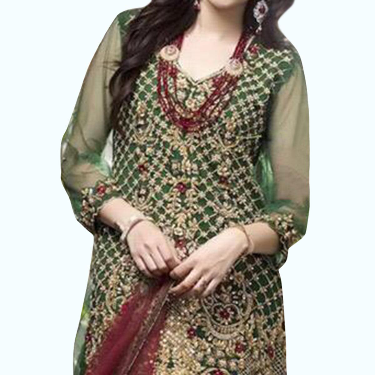 Marvellous Green Colored Partywear Embroidered Netted Pant Style Suit
