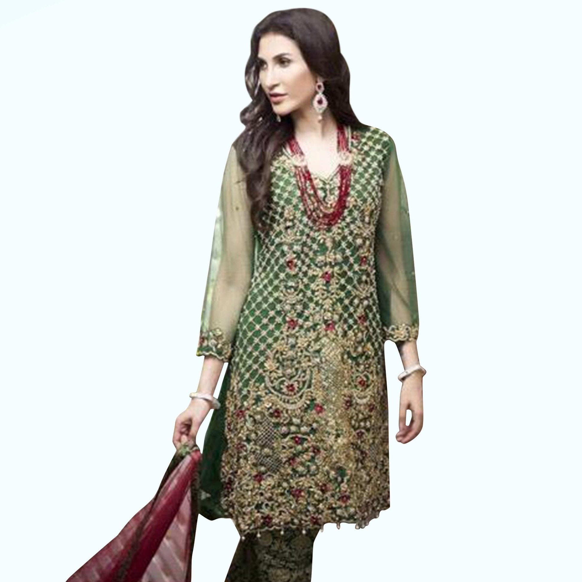 Marvellous Green Colored Partywear Embroidered Netted Pant Style Suit