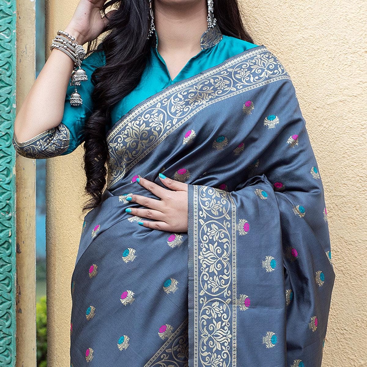 Marvellous Grey Colored Festive Wear Woven Banarasi Silk Saree