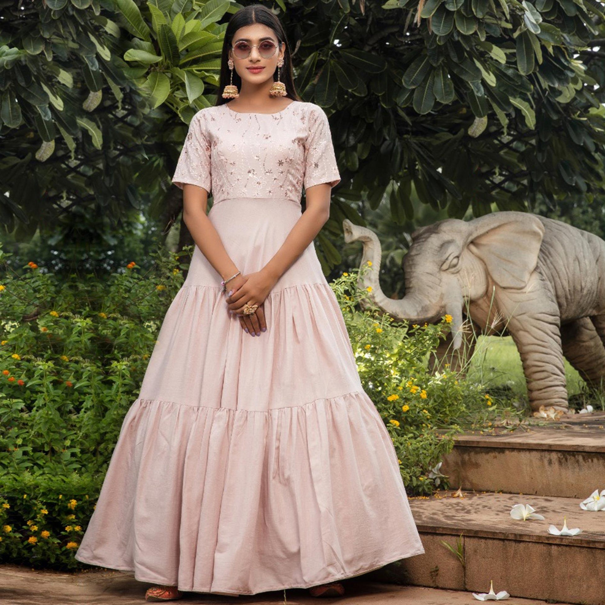 Marvellous Light Peach Colored Party Wear Embroidered Cotton Gown