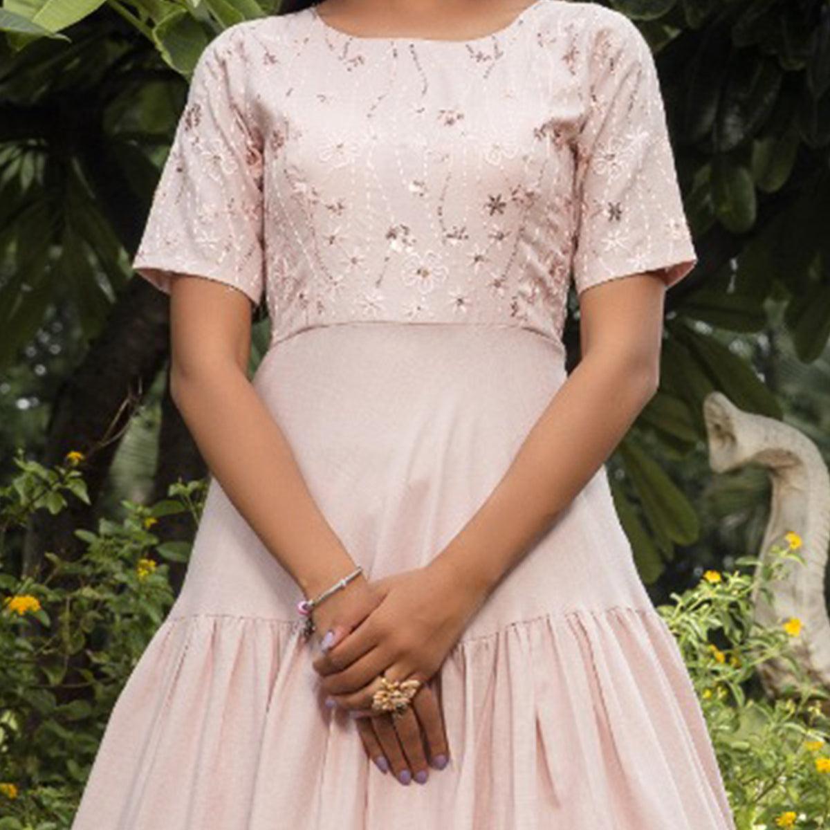Marvellous Light Peach Colored Party Wear Embroidered Cotton Gown