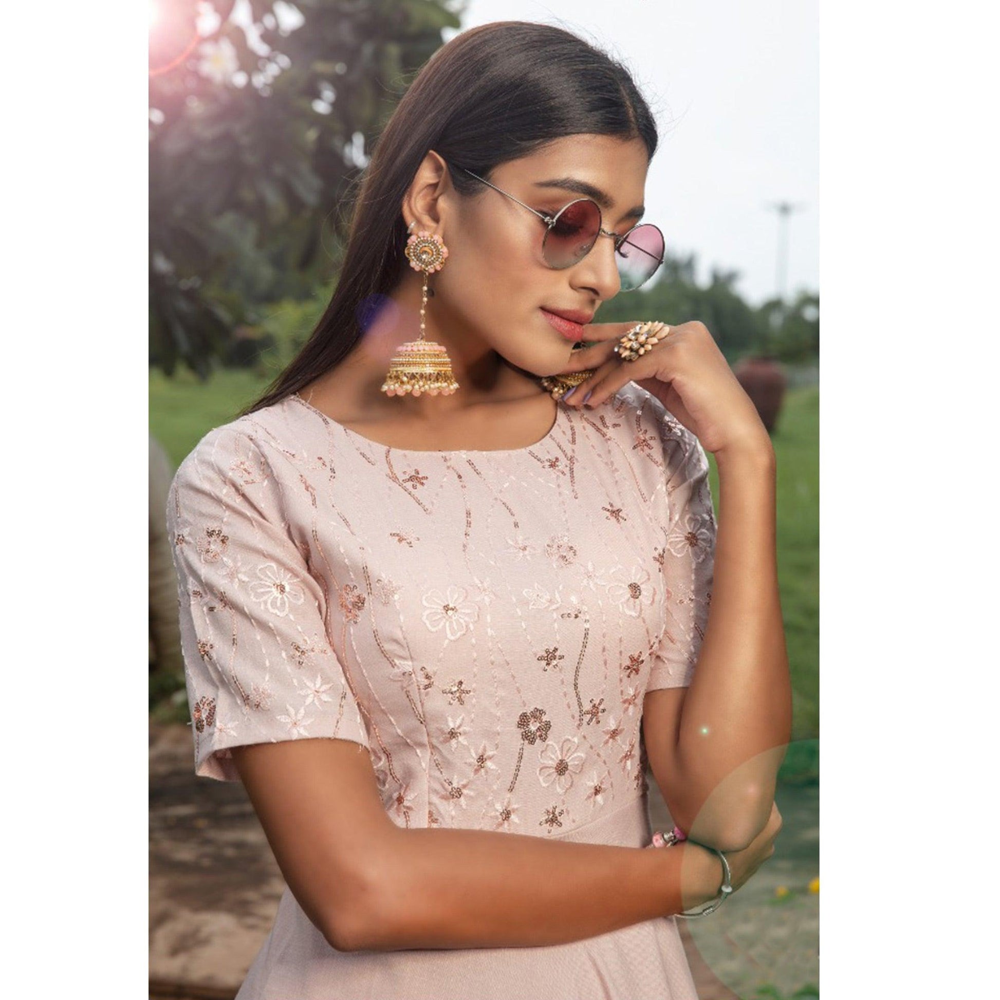 Marvellous Light Peach Colored Party Wear Embroidered Cotton Gown