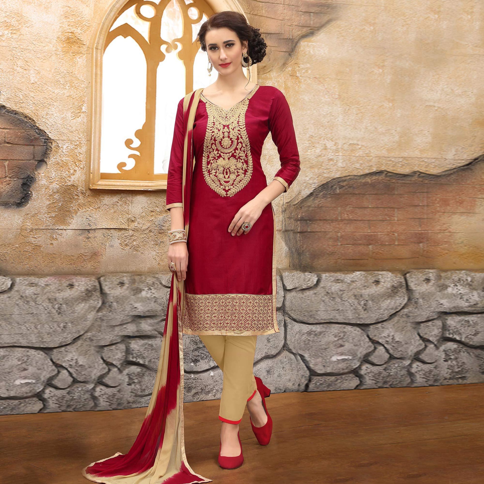 Marvellous Maroon Colored Party Wear Embroidered Cotton Dress Material