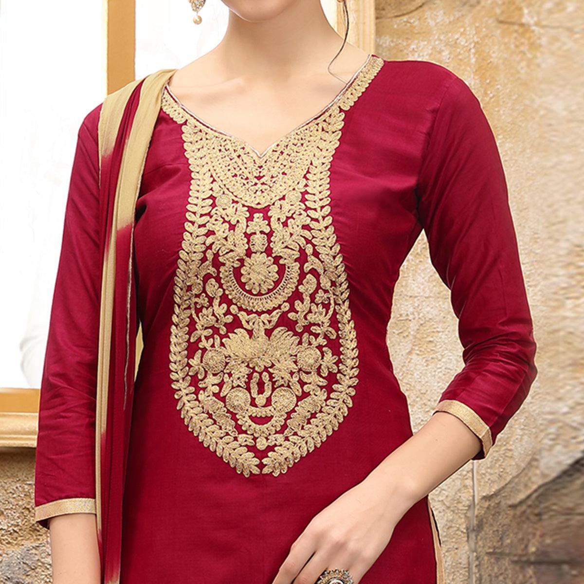 Marvellous Maroon Colored Party Wear Embroidered Cotton Dress Material