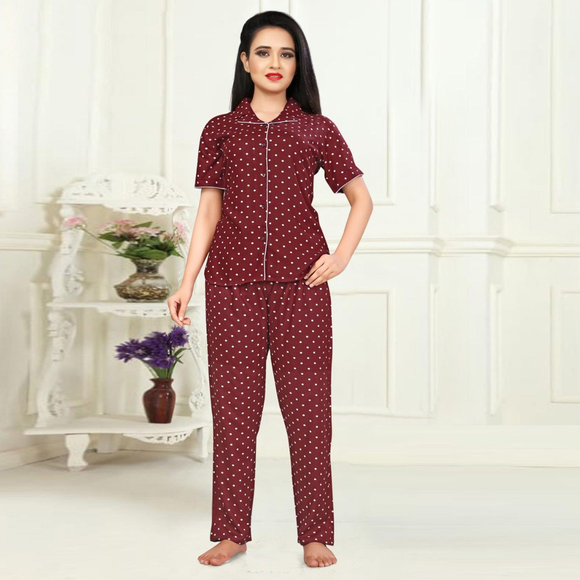 Marvellous Maroon Colored Printed Cotton Rayon Night Suit