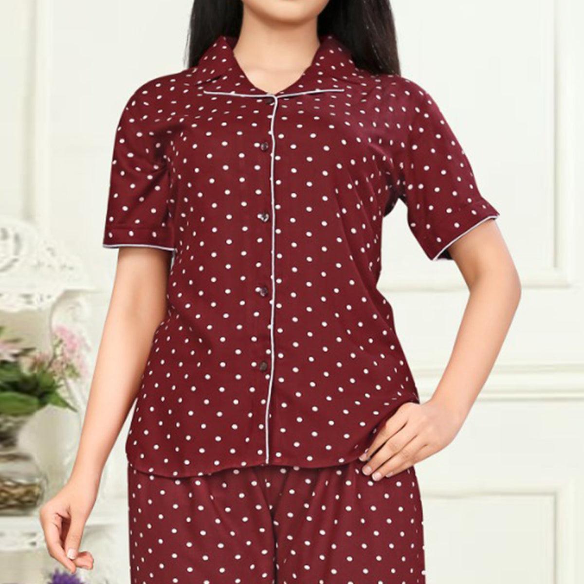 Marvellous Maroon Colored Printed Cotton Rayon Night Suit