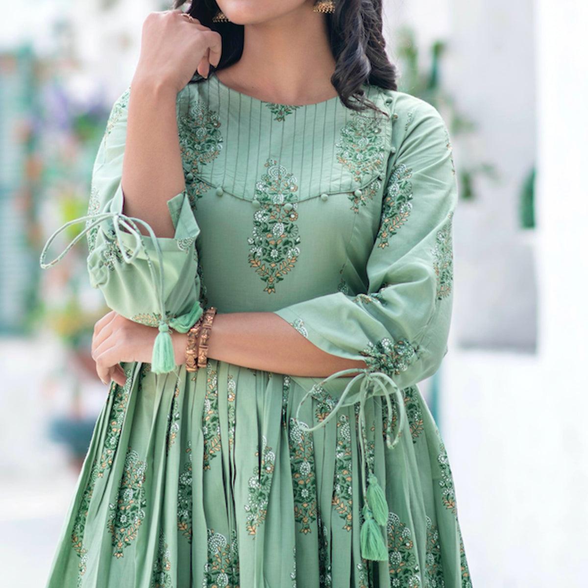Marvellous Moss Green Colored Partywear Digital Printed Pure Muslin Gown