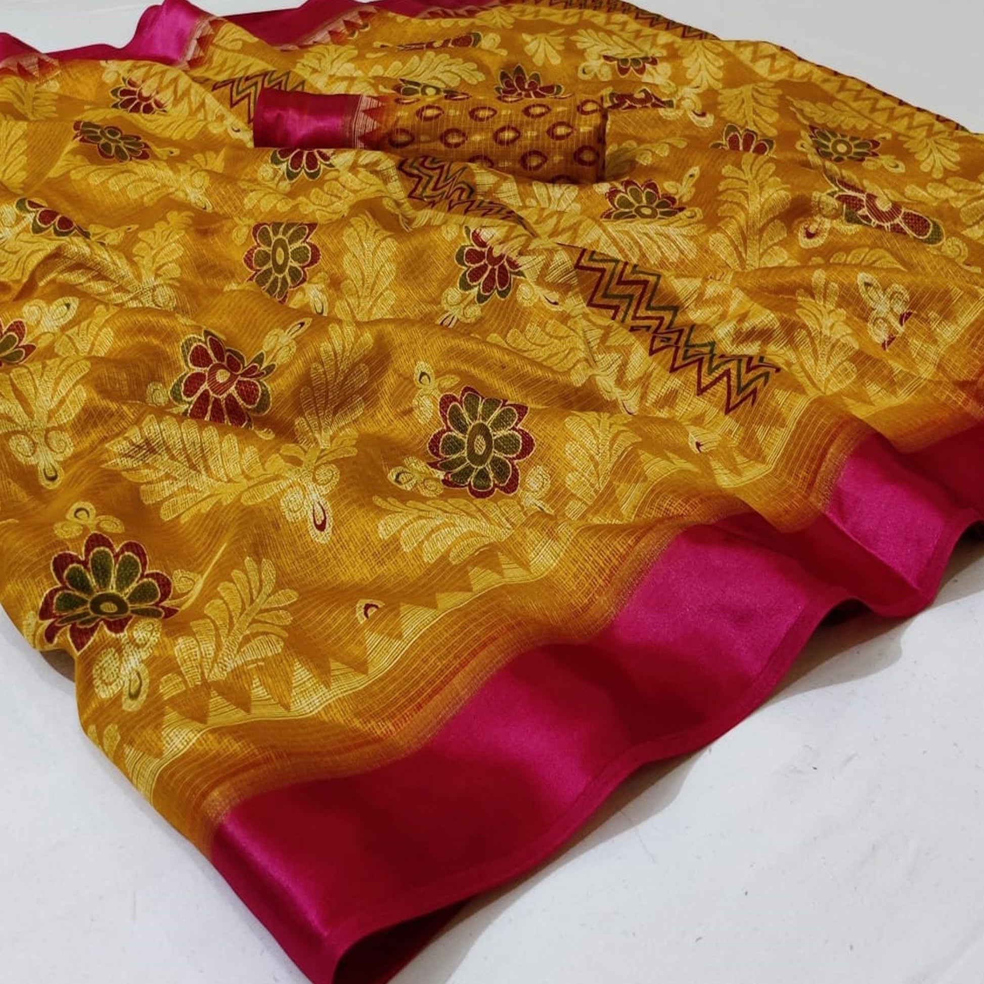 Marvellous Mustard Yellow Colored Casual Wear Printed Heavy Cotton Saree