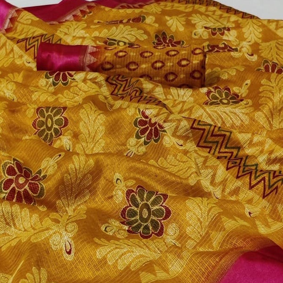 Marvellous Mustard Yellow Colored Casual Wear Printed Heavy Cotton Saree