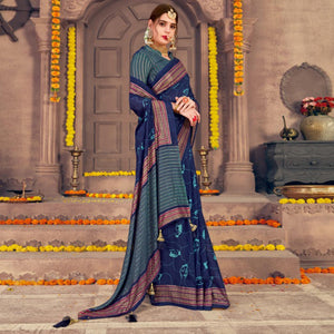 Marvellous Navy Blue Colored Festive Wear Printed Georgette Saree With Tassels