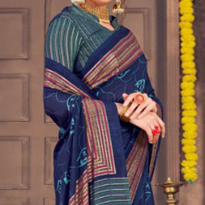 Marvellous Navy Blue Colored Festive Wear Printed Georgette Saree With Tassels