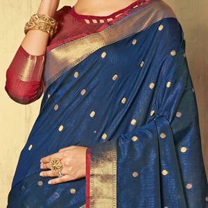 Marvellous Navy Blue Colored Festive Wear Woven Handloom Silk Saree With Tassels