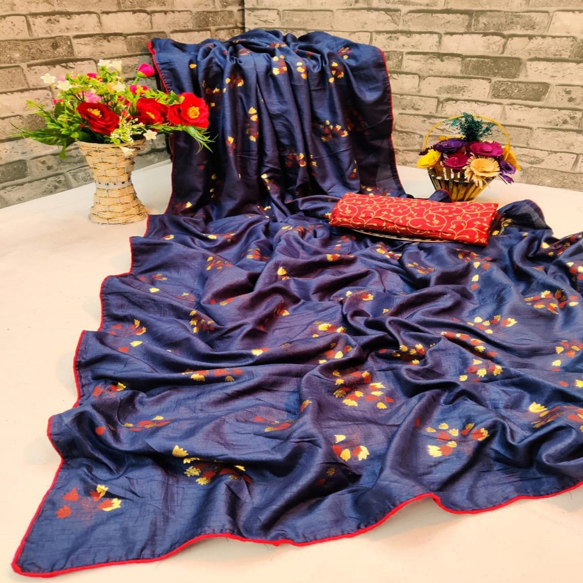 Marvellous Navy Blue Colored Partywear Foil Printed Dola Silk Saree