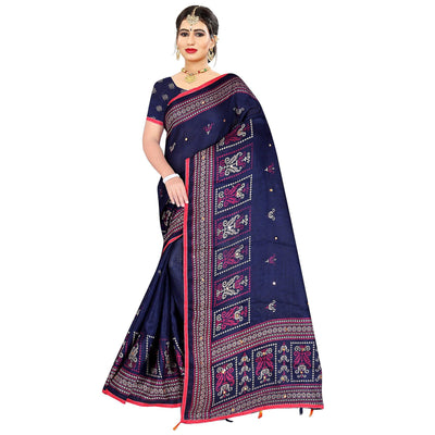 Marvellous Navy Blue Coloured Casual Wear Printed Cotton Jute Saree