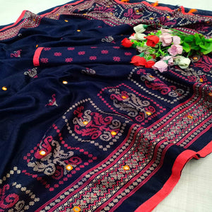 Marvellous Navy Blue Coloured Casual Wear Printed Cotton Jute Saree