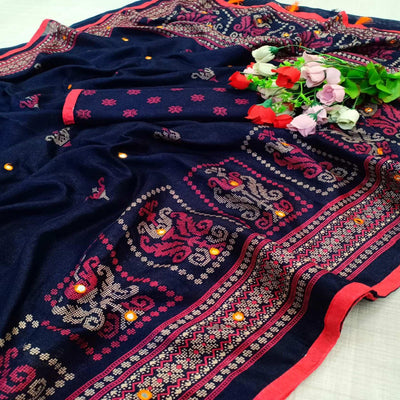 Marvellous Navy Blue Coloured Casual Wear Printed Cotton Jute Saree