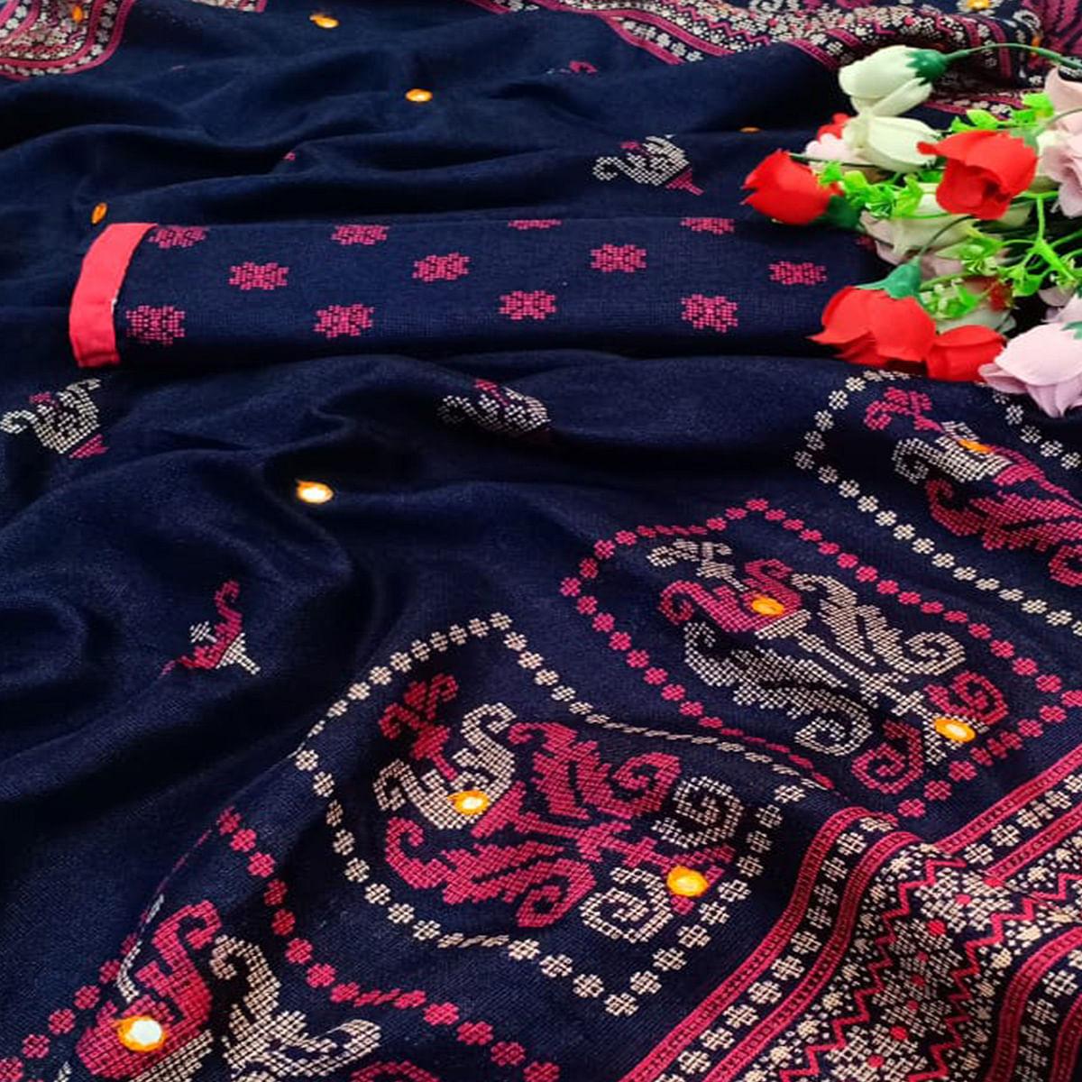 Marvellous Navy Blue Coloured Casual Wear Printed Cotton Jute Saree