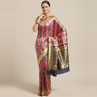 Marvellous Navy Blue - Pink Colored Festive Wear Woven Silk Blend Saree