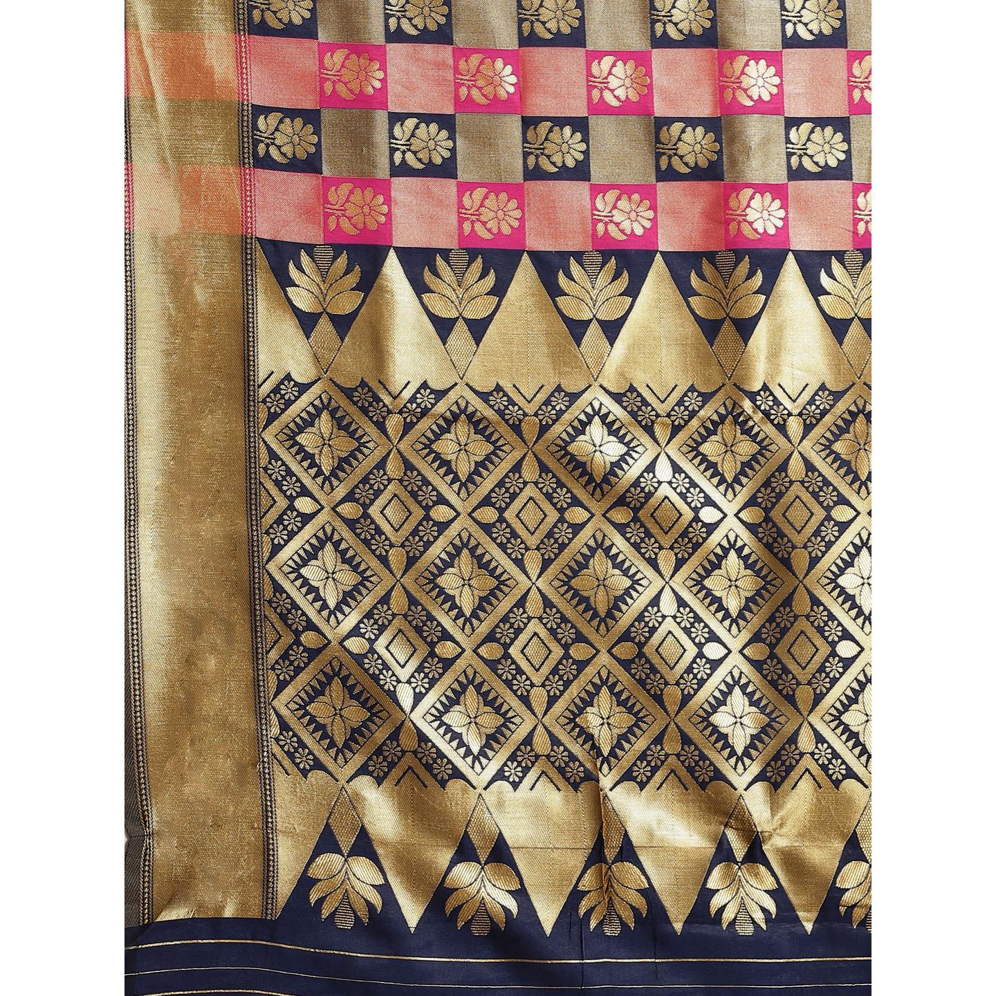 Marvellous Navy Blue - Pink Colored Festive Wear Woven Silk Blend Saree