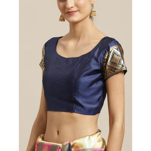 Marvellous Navy Blue - Pink Colored Festive Wear Woven Silk Blend Saree